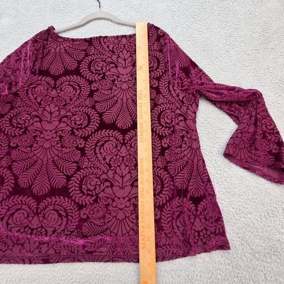 Roz & Ali Blouse Womens 2X Purple Velvet Burnout Damask Bell Sleeve Elegant Top - Picture 5 of 6